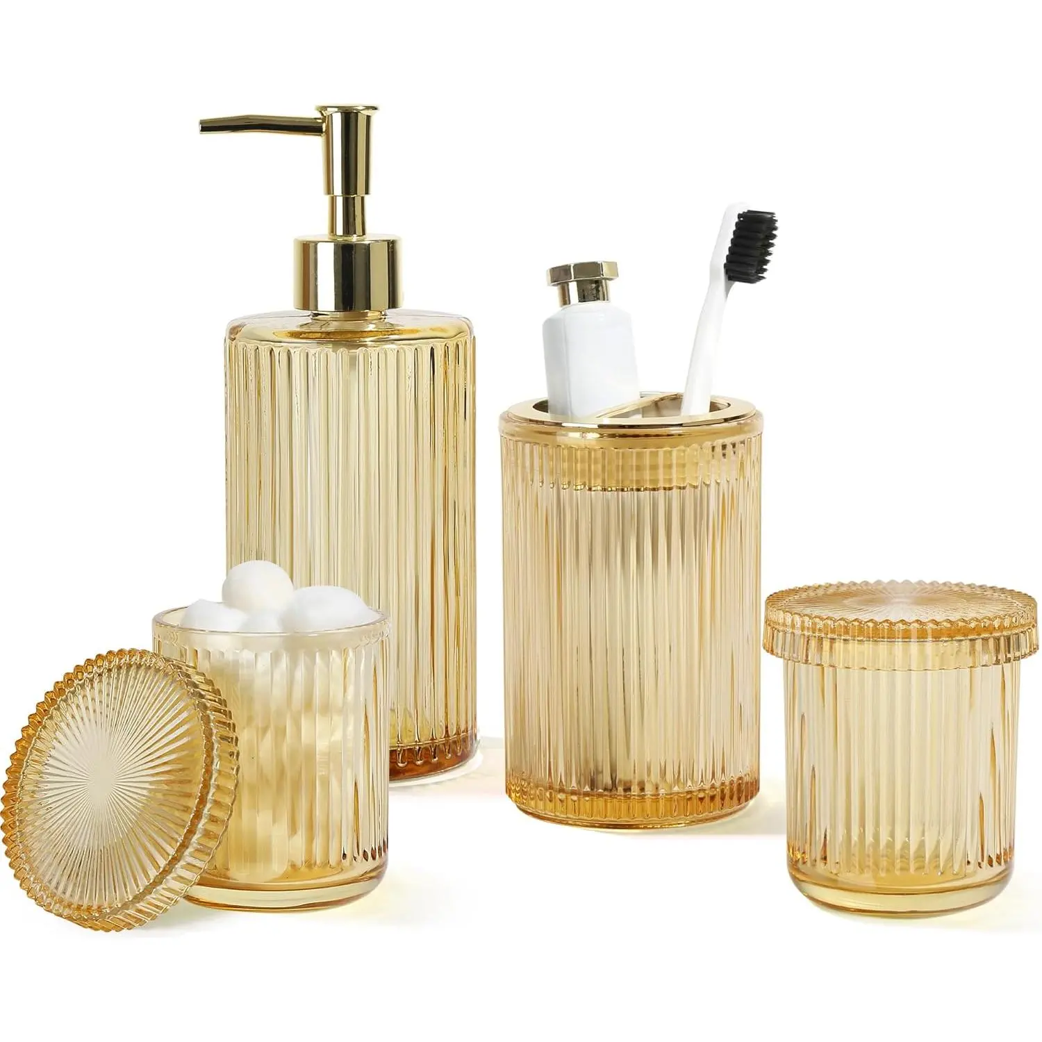 Gold Bathroom Accessories 4 Pcs, Gold Glass Soap Dispenser and Toothbrush Holder Set, Qtip Holder Set, Glass Bathroom Soap Dispenser Set, Yellow Orange Bathroom Decor