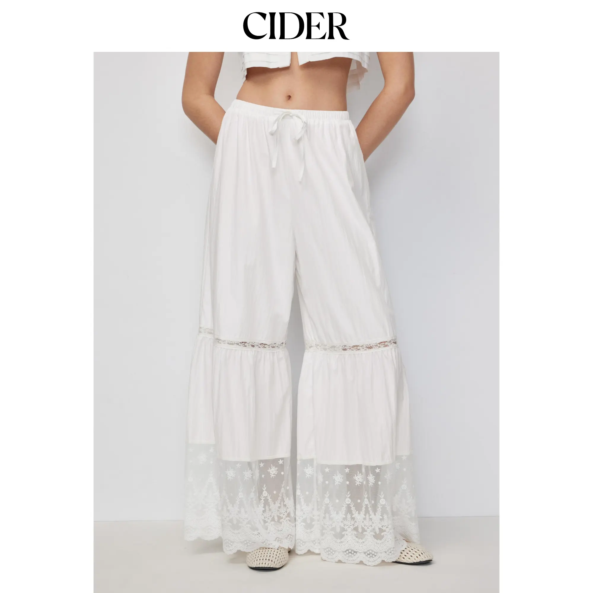Cider Mid Rise Drawstring Lace Trim Wide Leg Trousers