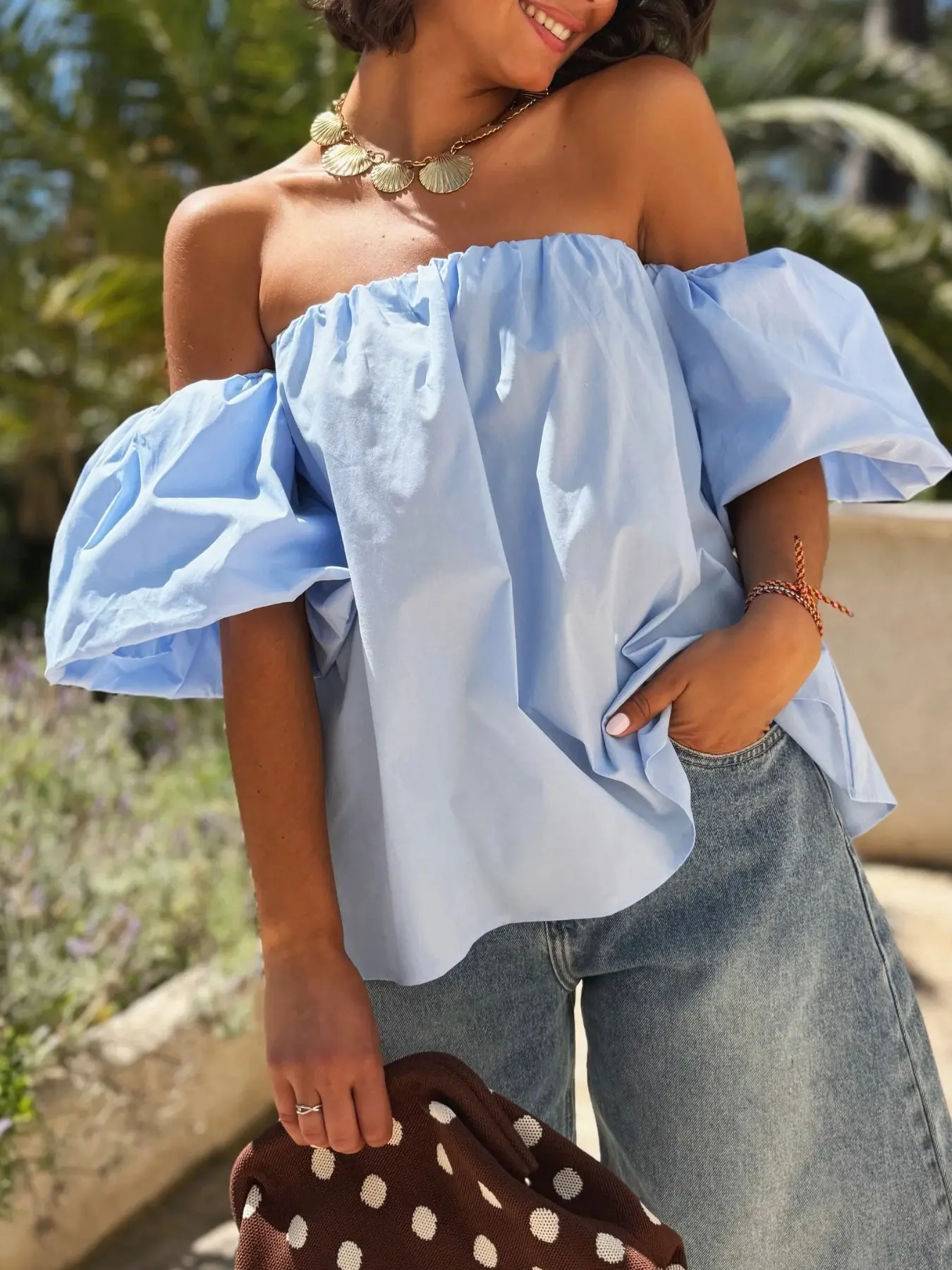 Women's Lantern Sleeve Half-Sleeve One-Shoulder Off-Shoulder Chic Top, Perfect for Beach Vacation and Daily Wear, Summer Style