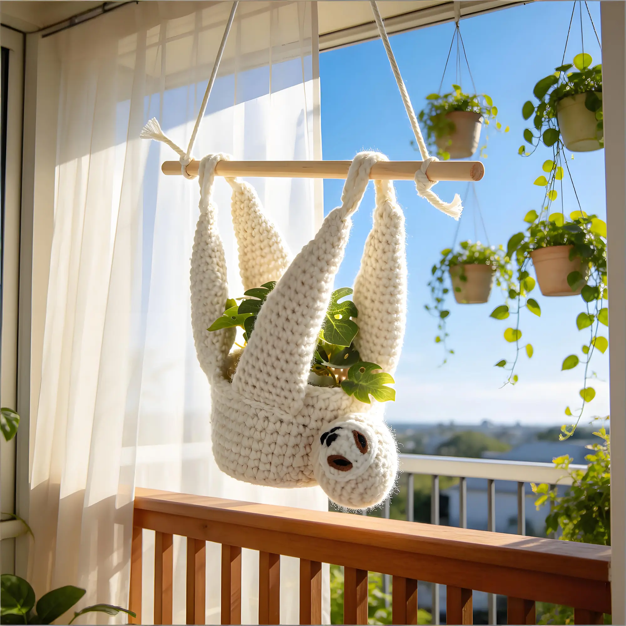Garvee Handmade Cotton Linen Sloth Hanging Planters Set of 2 - Plant Hanger Indoor with Wooden Stick & Rope, Cute Animal Flower Pot Holders for Fleshy Plants, Herbs, Boho Patio Nursery Decor