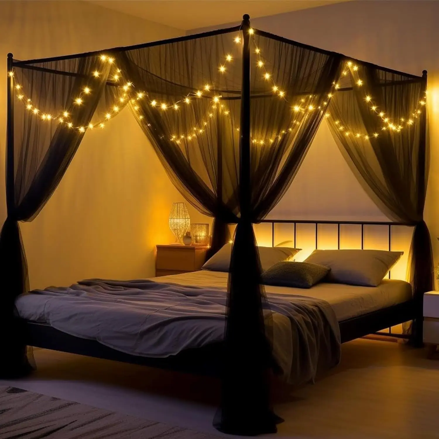 Elegant Mosquito Net Bed Canopy with 66ft LED Star String Lights, Black Netting Four Corner Post Curtains, 86.6"W x 79"L x 102"H for King Queen Full Beds
