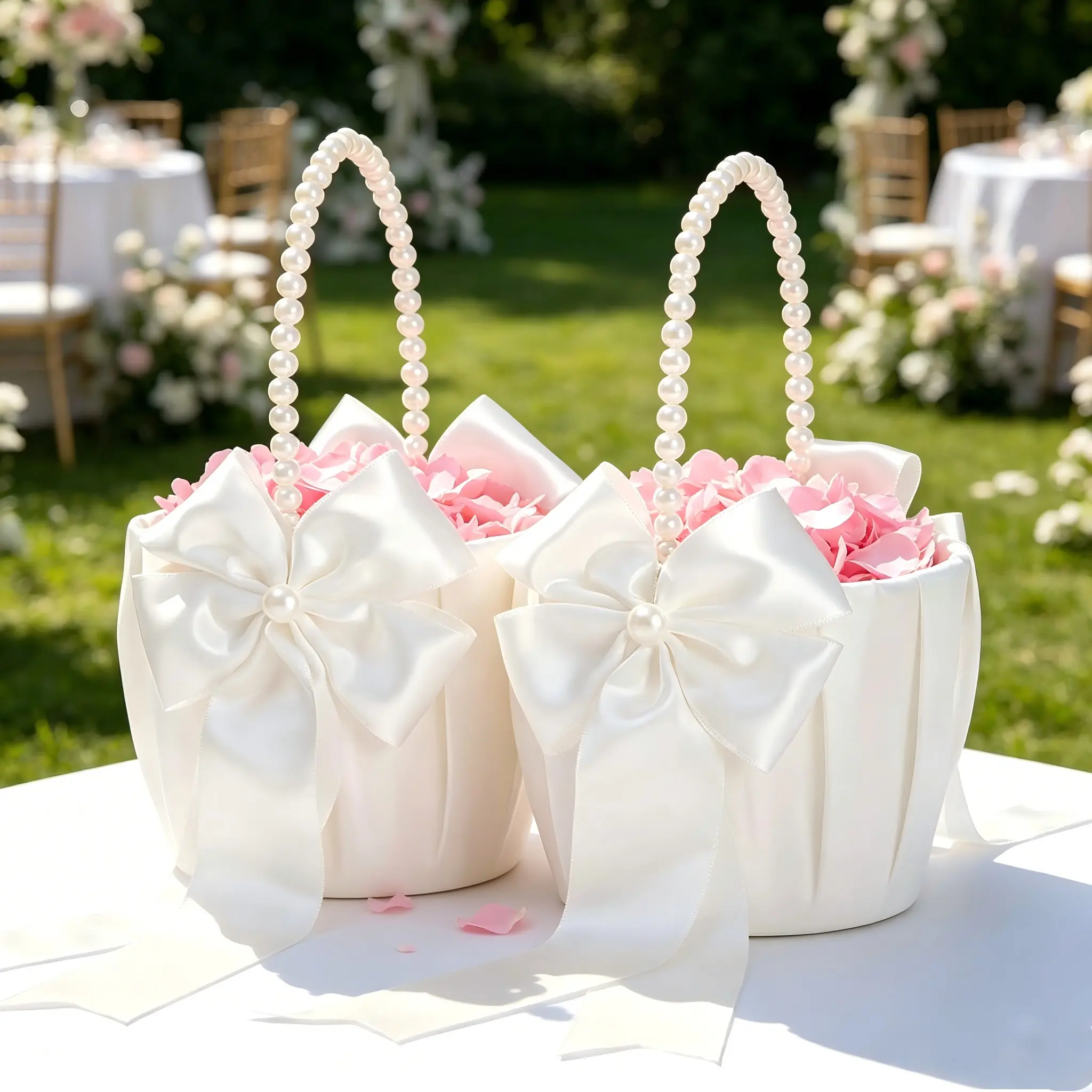Elegant Flower Girl Basket with Pearl Handle, Perfect Civil Wedding Accessory, Wedding Party Supplies, Bow Design, Ideal for Ceremonies, Two Packs Included