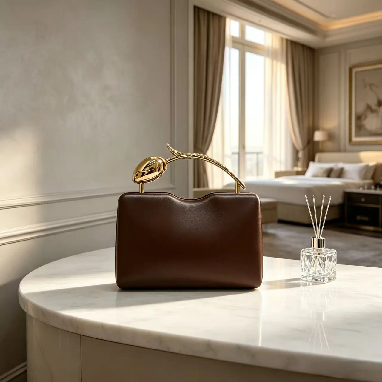 Luxury Unique Rose Stem Metal Handle Evening Bag, Ladies Solid Leather Hardcase Clutch With Removable Chain Strap, Bridesmaid Purse For Wedding & Banquet