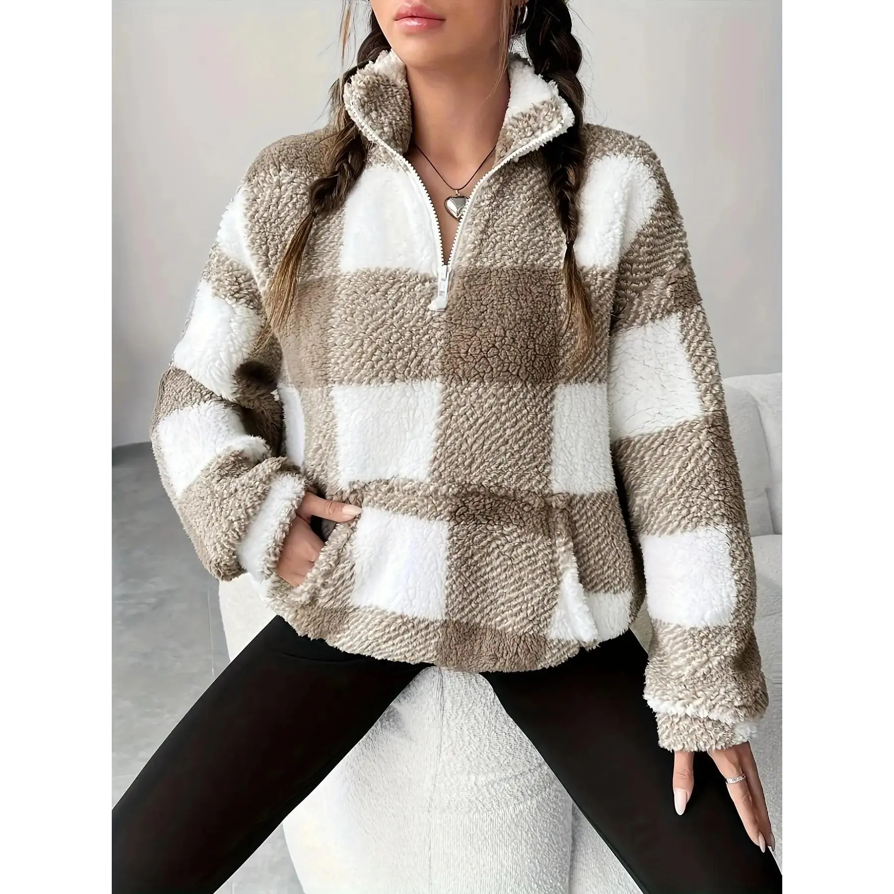 Autumn Winter New Thick Warm Plaid Fleece Loose Top, Fashion Casual Comfortable Long Sleeve Sweatshirt, Home Wear for Women, Casual Sweatshirt Tops