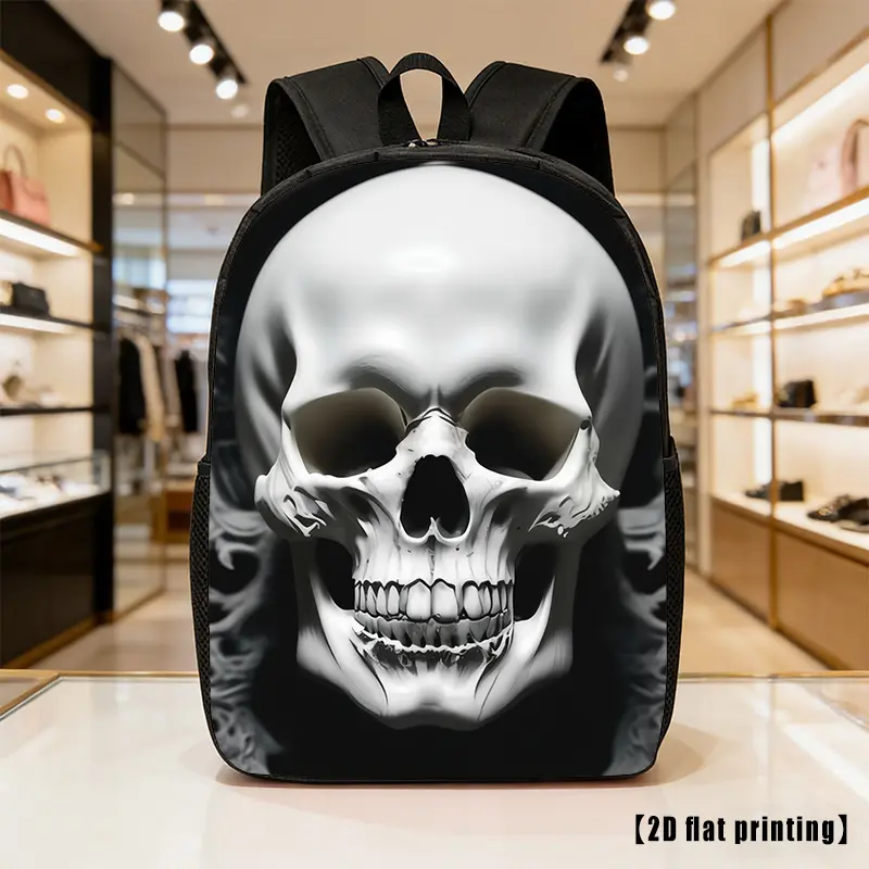 Skull Print Casual Woven Poly Unisex Backpack - Lightweight, Spacious, Adjustable Strap, Side Pockets - Ideal for Everyday Use, Commuting, Hiking