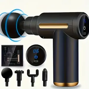 Portable deep tissue impact massage gun, USB rechargeable fascia muscle massager, equipped with 4 massage heads and 6 speed settings, silent motor, suitable for whole body recovery.