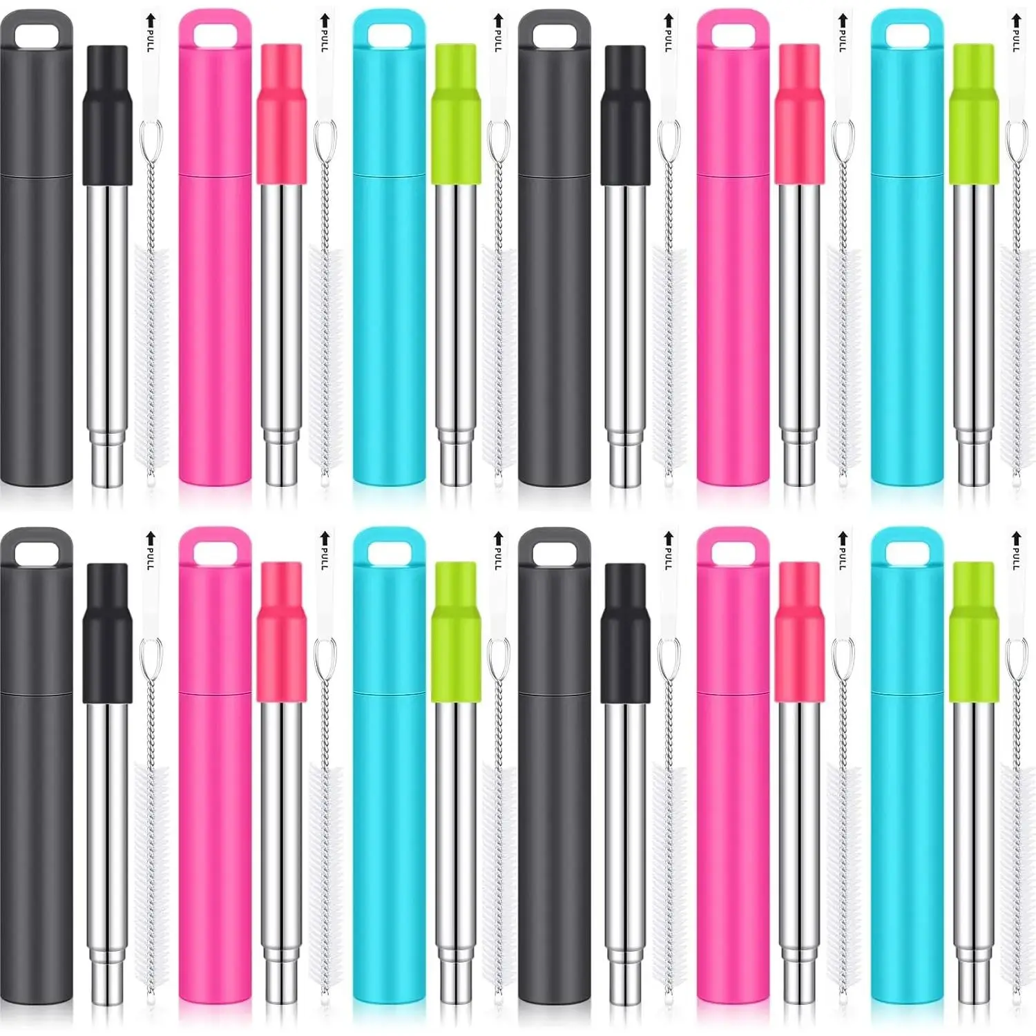 12 Pack Sturdy Metal Retractable Stainless Steel Collapsible Drinking Straws with Synthetic Silicone Tip, Plastic Case, Cleaning Brush - Portable Telescopic for Travel, Graduation/Bridal Shower Gifts (Kitchenware Drinkware Accessory), Cylindrical