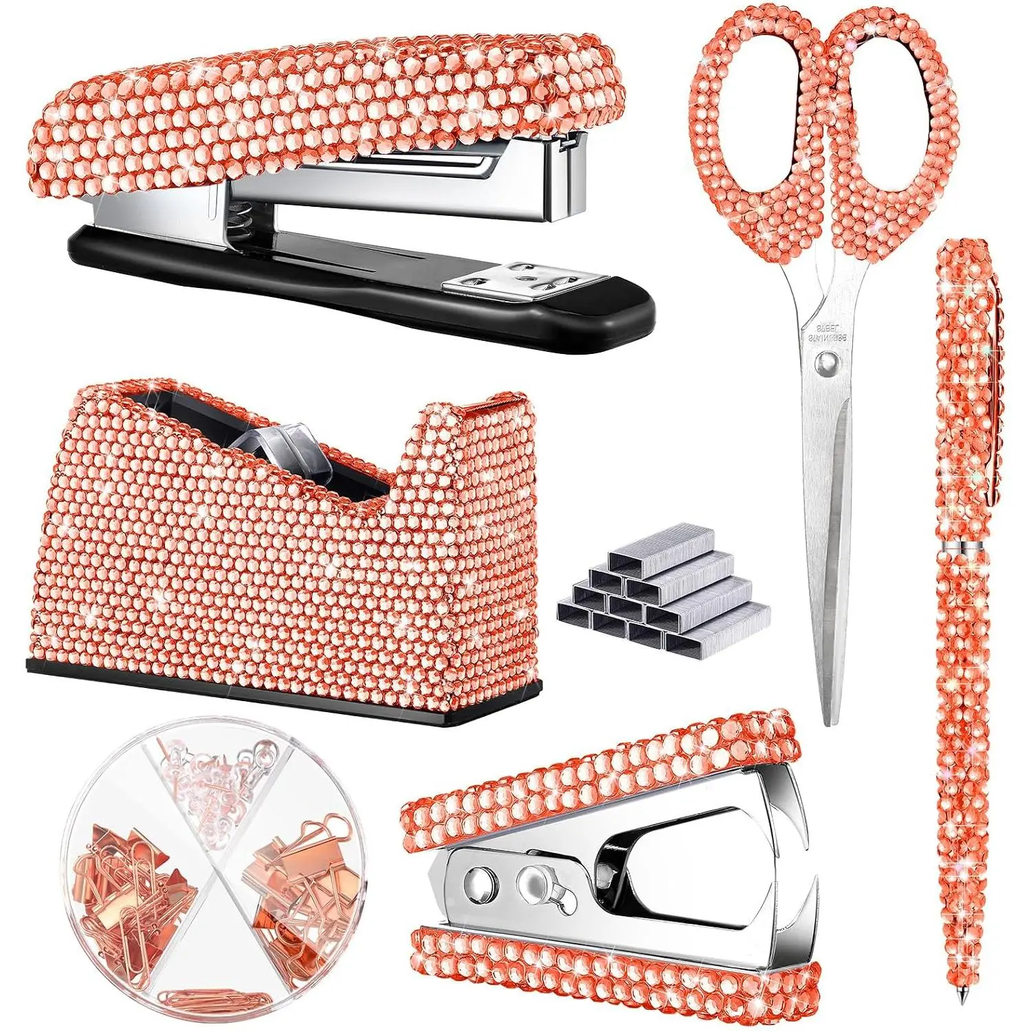 Bling 6-Count Office Desk Accessories Set Pack - Stationery Kit with Scissors, Stapler, Staples, Tape Dispenser, Pen, Staple Remover, Binder Clips, Paper Clips (Rose) for Office & School Use