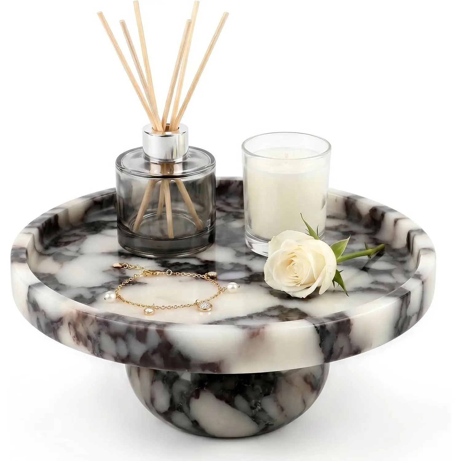 Natural Calacatta Marble Round Tray - Minimalist Pedestal Vanity Tray for Bathroom, Bedroom Dresser, Kitchen Counter, Perfume/Jewelry Organizer, Candle Holder, Home Decor Gift