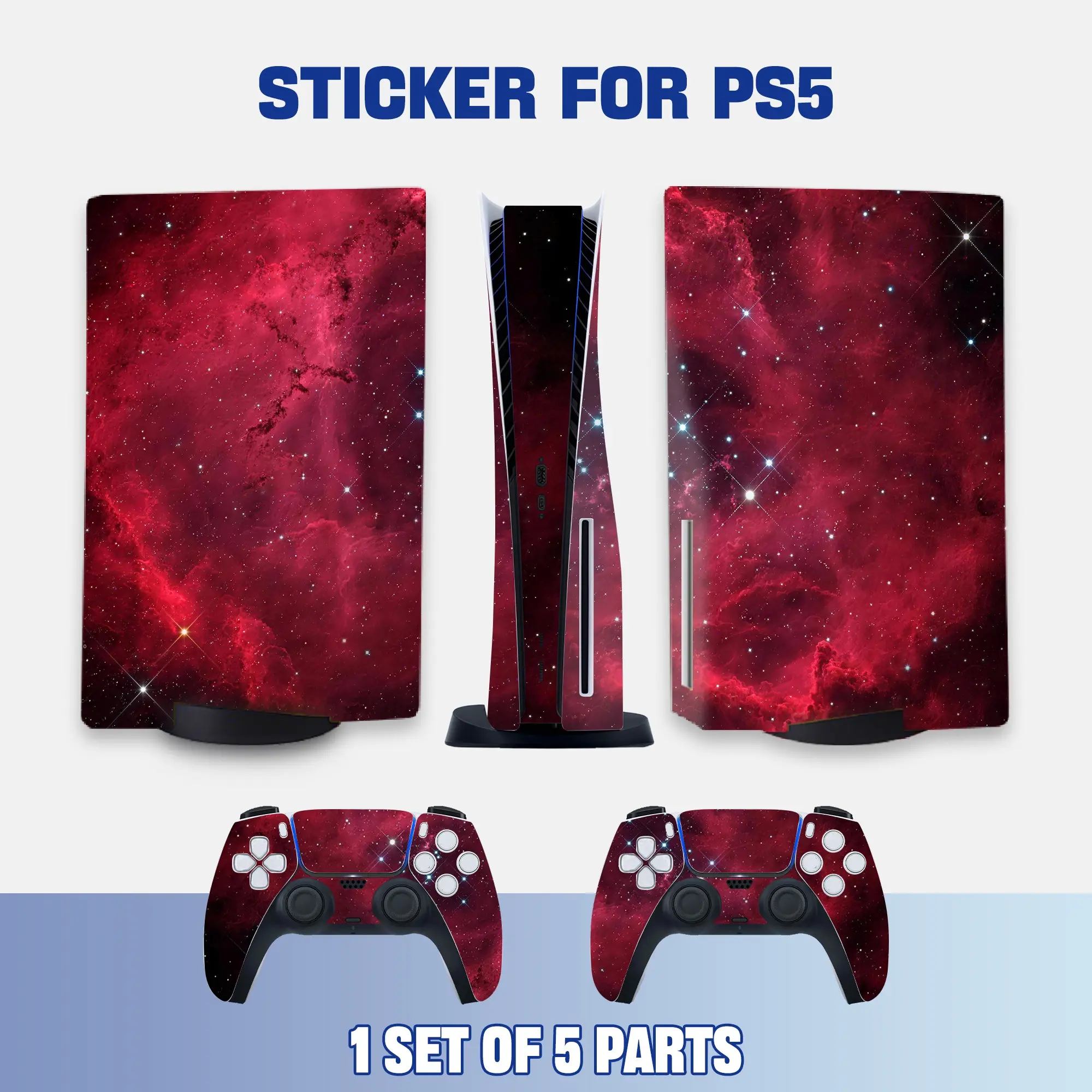 Red Galaxy Nebula Style PS5 Disc Edition Vinyl Skin Sticker for Console & Controllers, Waterproof, Scratch-Resistant, Dustproof, Removable & No Residue