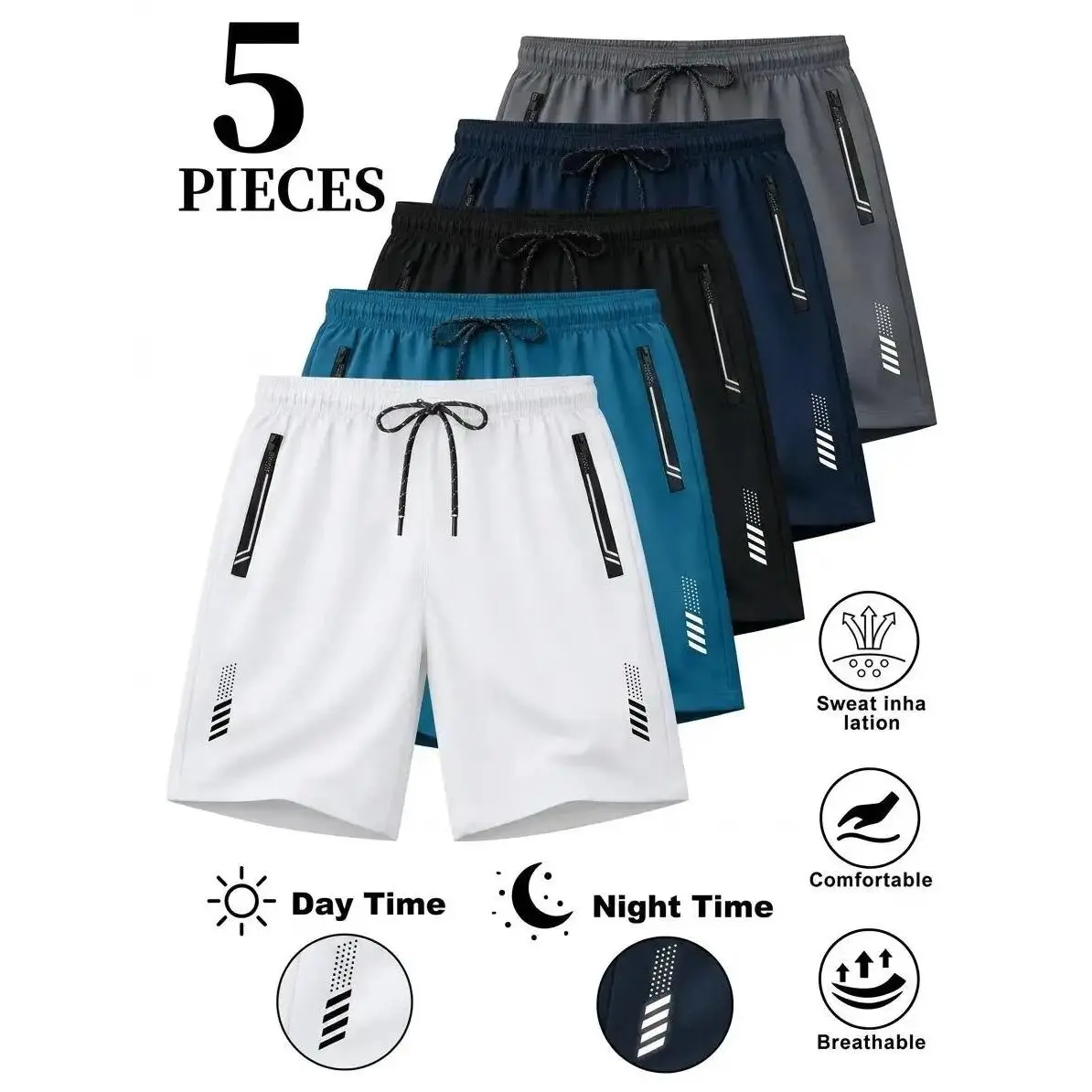 5-Pack Summer Men’s Lightweight Breathable Quick-Dry Beach Shorts - Men’s Drawstring Shorts with Zipper Pockets, Breathable Everyday Wear Shorts, 5-Pack
