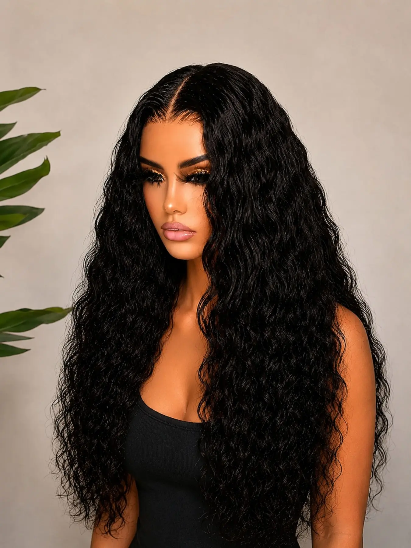 Ribacee 26-Inch Wavy Wig, No Glue, Easy Wear, Deep Wave, Wet Look, Women's Natural Comfortable Lightweight, Trimmable, Heat Styling Friendly