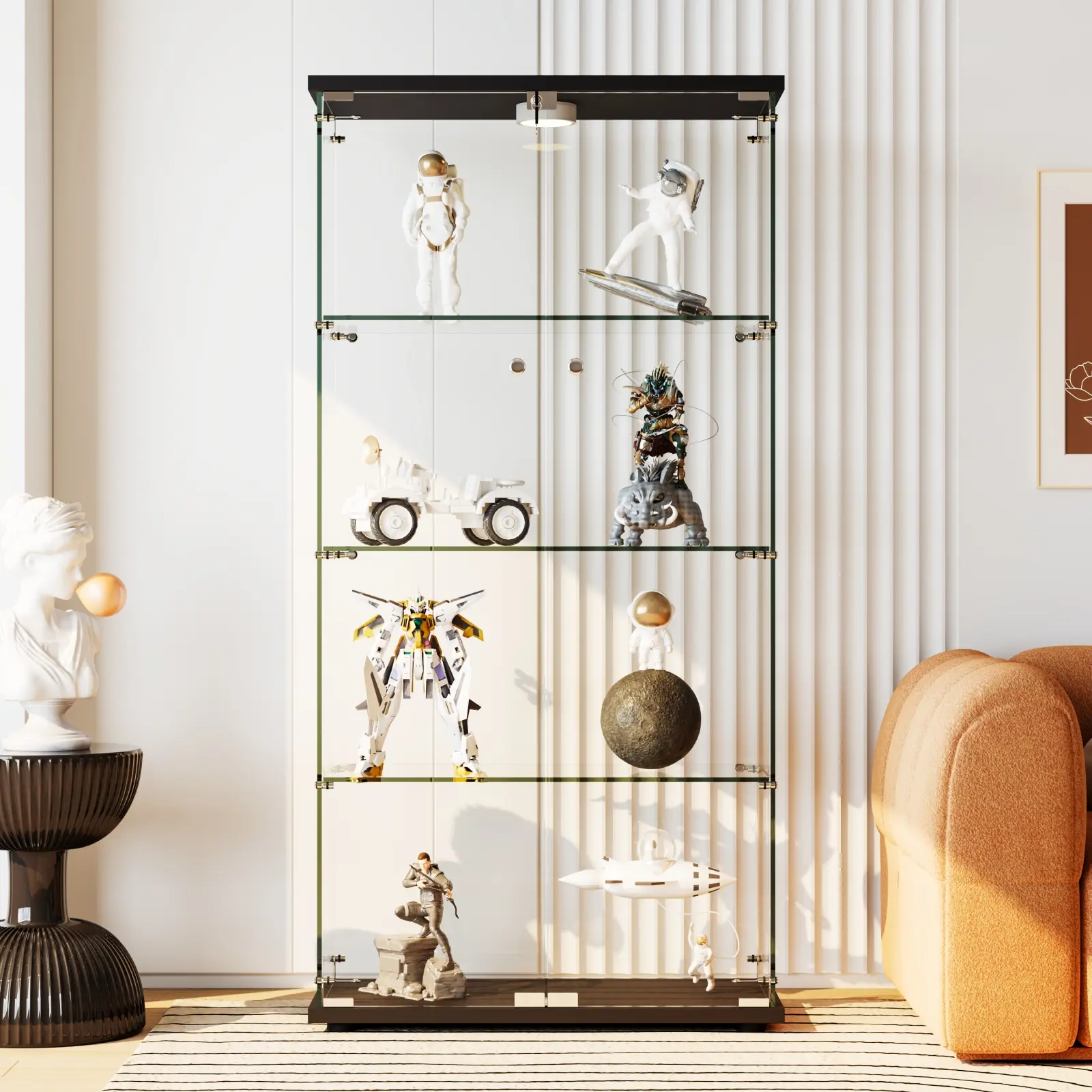 Lockable 4-Tier Tempered Glass Display Cabinet with LED Light, Double Doors, Adjustable Shelves, Modern Showcase for Collectibles & Figures, Multi-Room Storage