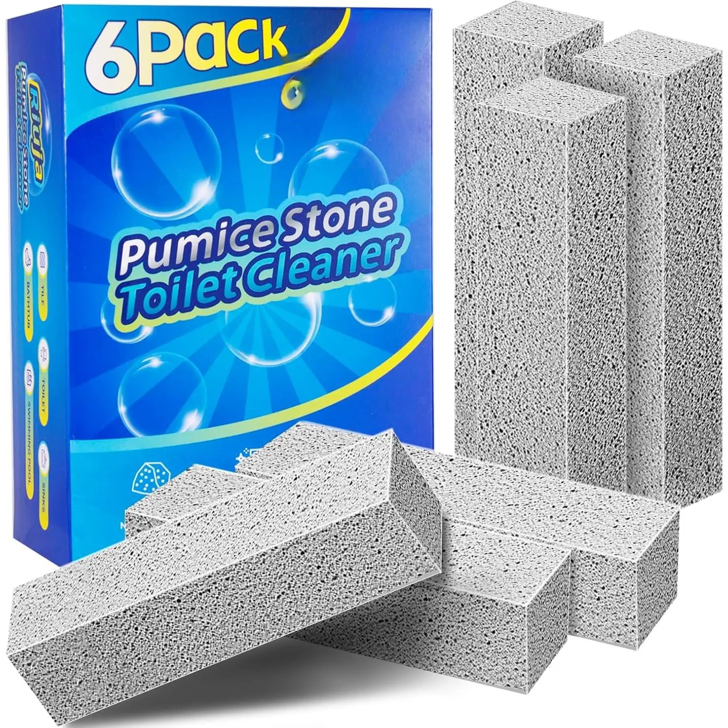 6 Pack Pumice Stone Toilet Bowl Cleaner, Pumice Stone for Cleaning | Scouring Stick Removes Hard Water Ring & Rust Stain, Easy to Shape Powerfully Cleans Toilets, Ceramic, Grill, Tub, Pool, Sink