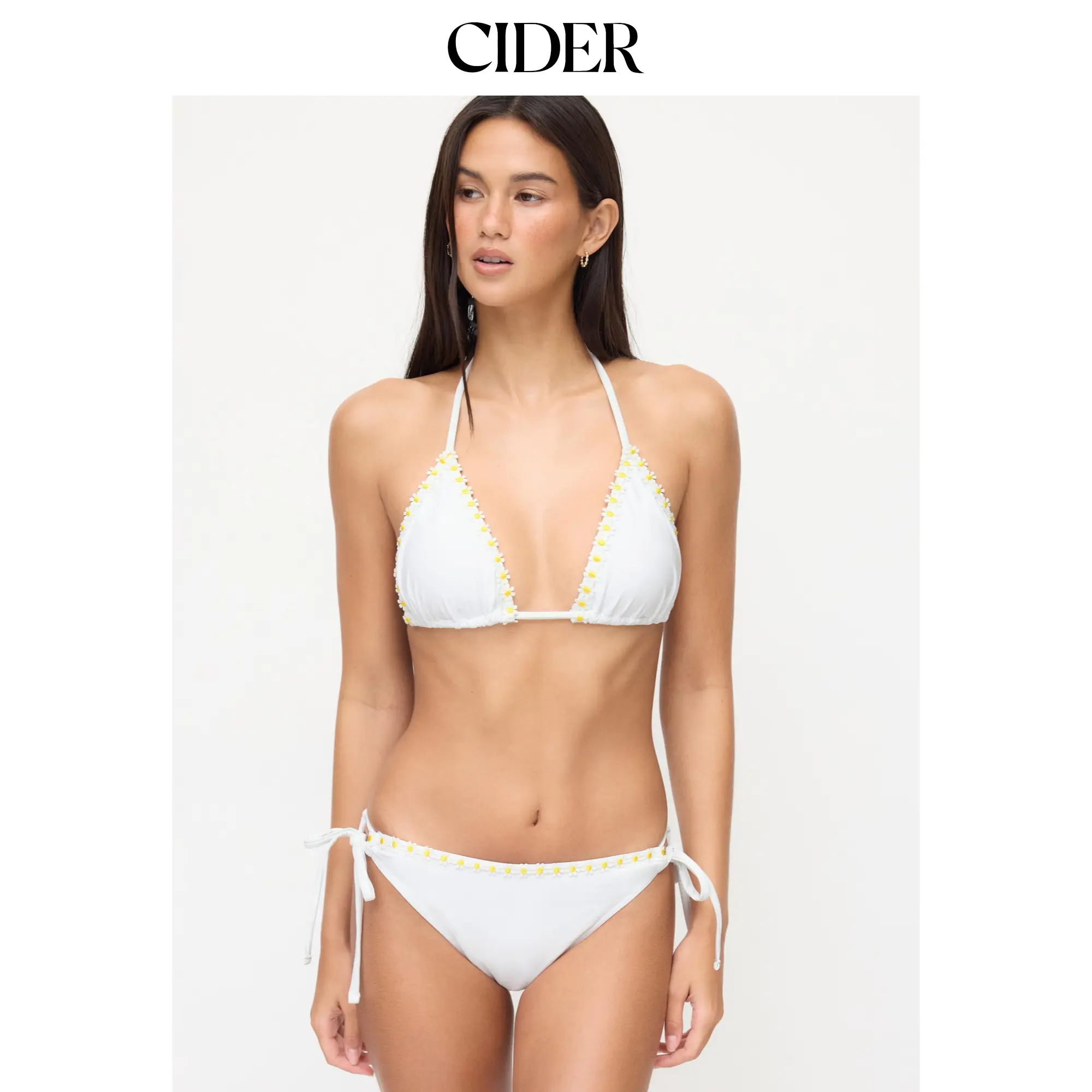 Cider Halter Neck Floral Contrasting Binding Triangle Top & Mid Rise Bottom Bikini Set