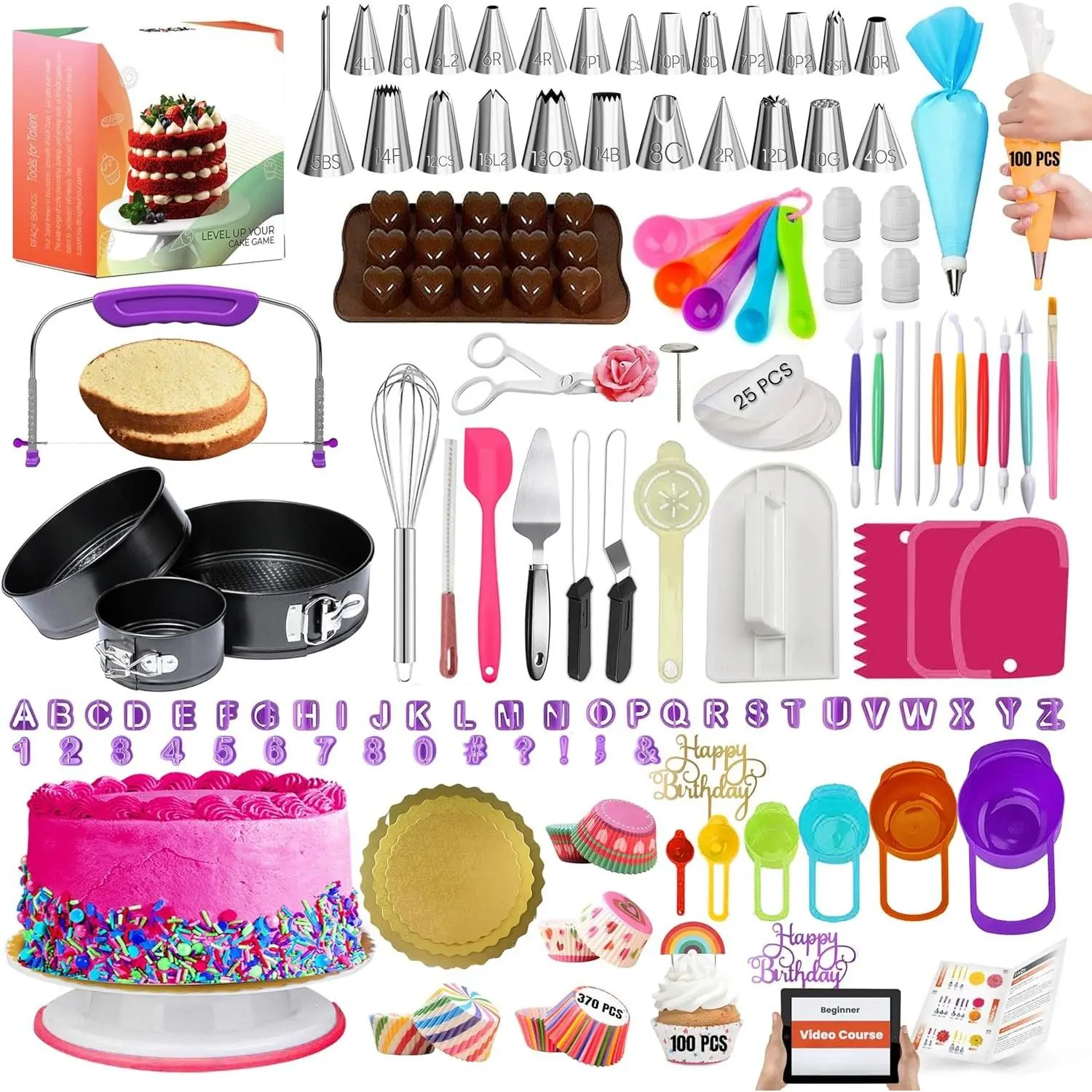 700 count Cake Decorating Kit with Baking Supplies Cake Decoration Set including Springform Pans, Cake Turntable, Numbered Piping Tips, Icing Spatulas, Fondant tools & much  (700Pcs)