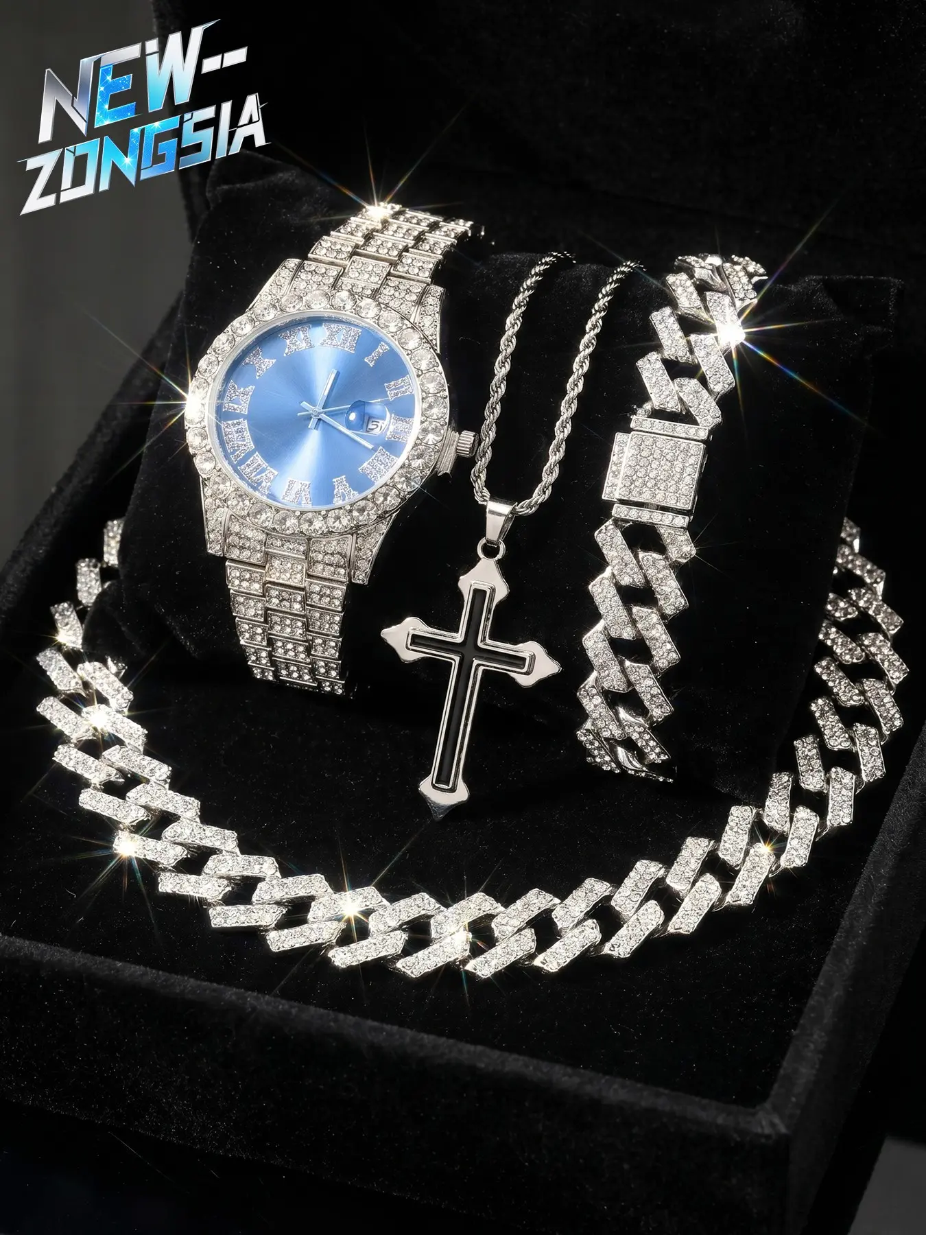 4-Piece Gift Set Watch Necklace Bracelet Box, Jewelry Sets, Cross Punk Style, Analog Round Face, Adjustable Strap, All Seasons Accessory