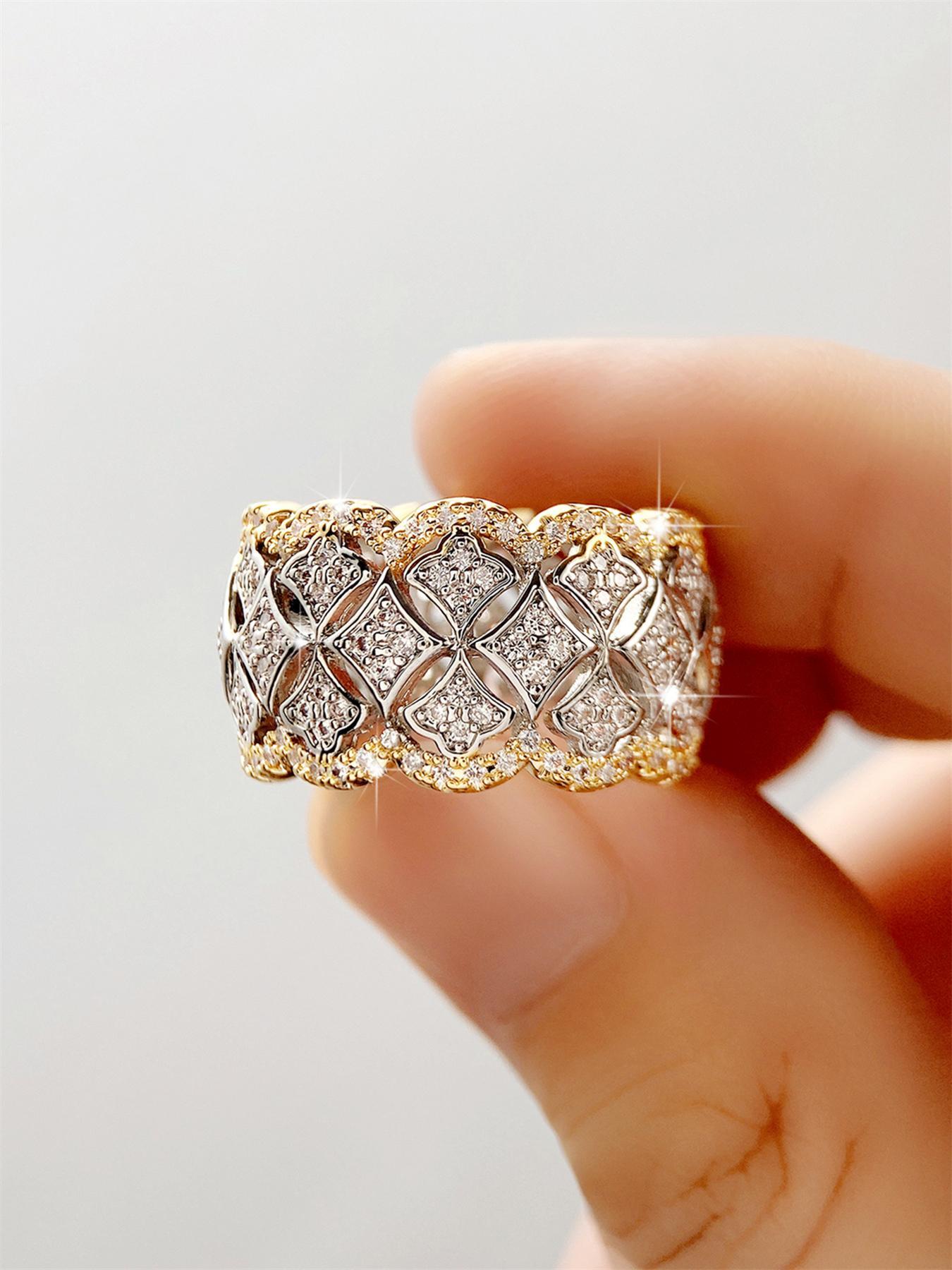 Women's Elegant Rhinestone Decor Hollow Out Design Engagement Ring, Fashion Engagement Rings, Trendy Luxury Promise Ring for Women & Girls, Fashion Vintage Jewelry As Gift for Daily & Party Decor