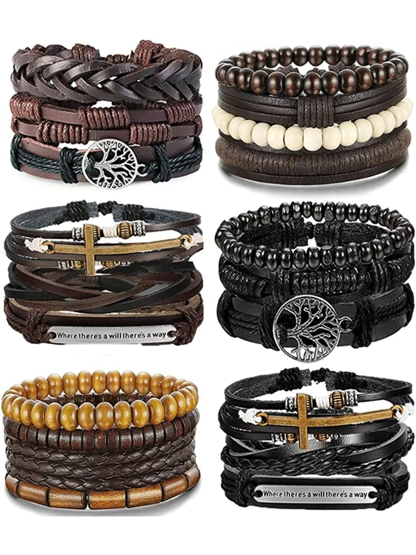 20pcs Leather Bracelets for Men, Punk Braided Vintage Beads, Boho Style Beaded, Adjustable Wristband, Ethnic Rope Bracelet Set, Gift Jewelry