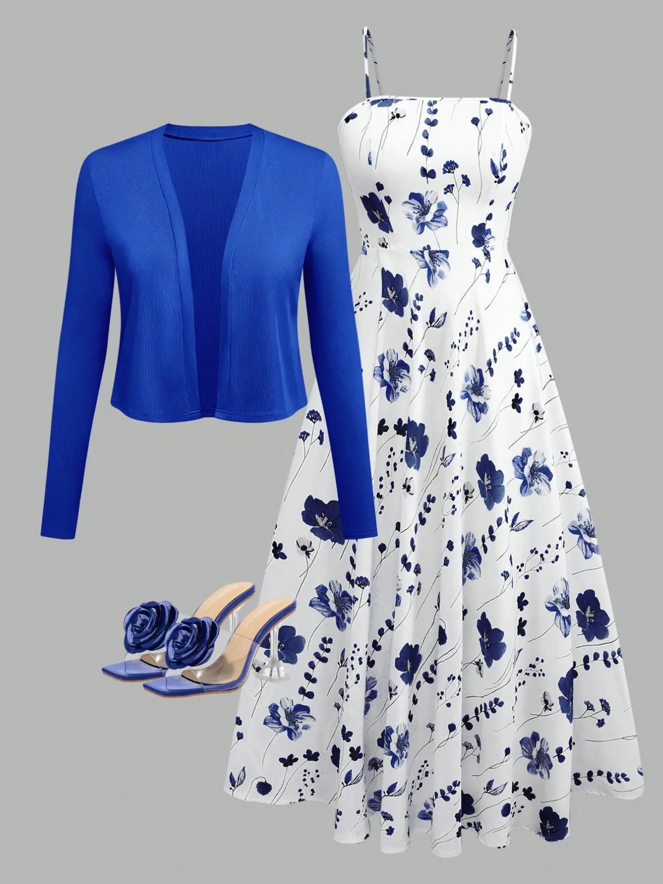 Elegant Women's Strapless Floral Printed A-Line Dress with Knit Jacket Set, Valentine's Day, Date Night Two-Piece Set