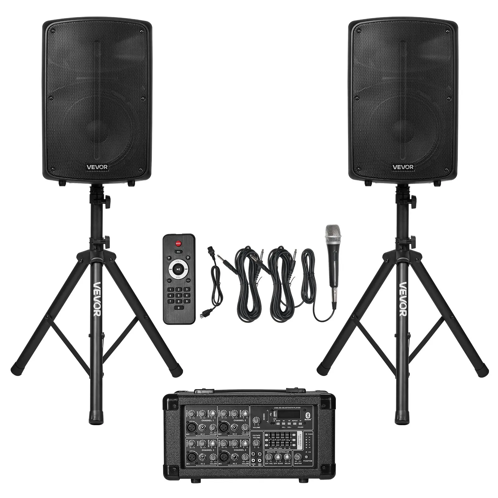 【toolupgrade】VEVOR Professional PA System, 800W Powered, Sound System Set with 6 Channel Mixer, Dual Speakers, Wireless Bluetooth, Microphone, Compact Stands, USB SD XLR Inputs, Remote Control, for DJs Events