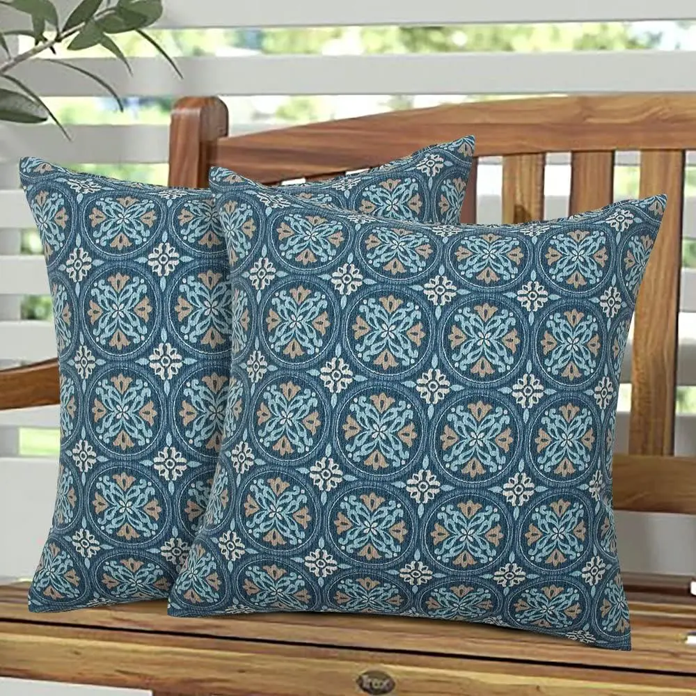 Fabrcis Pack of 2 Outdoor  Throw Pillow with Insert 18 x 18 Inch, Christmas Decorative  Cushion Pad for Garden Patio Tent Balcony Couch Sofa(Morgan Medal Blue)