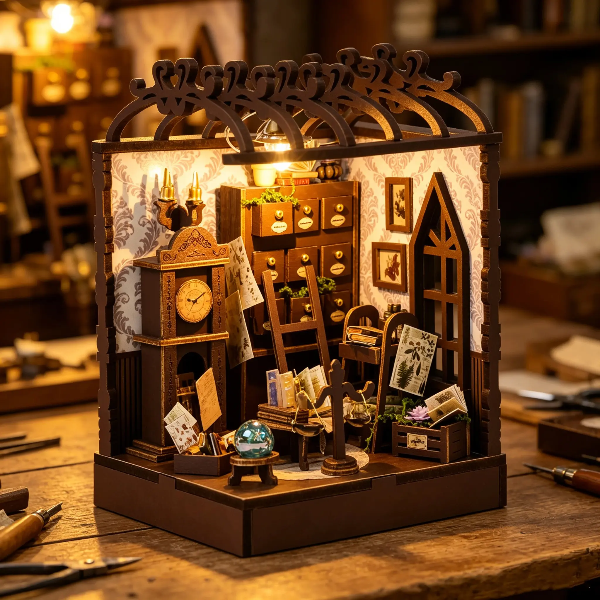 Book Nook Kit, 3D Wooden Puzzle Craft, DIY Bookshelf Corner Decor, LED Light Model, Gift for Holidays, No Battery or Glue Included