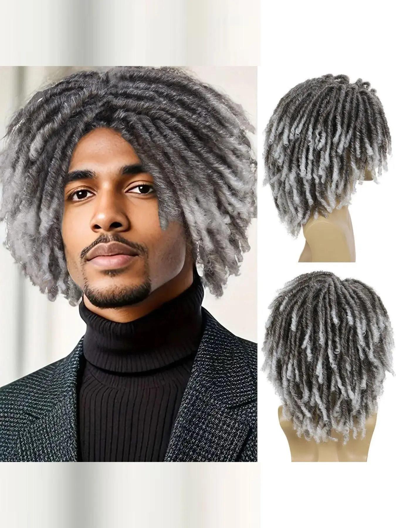 16inch Fake Dreads Synthetic Wigs with Bangs, Ombre, Rocker Rasta Hair, Medium Length, Faux Loc Wig for Men, Gradient