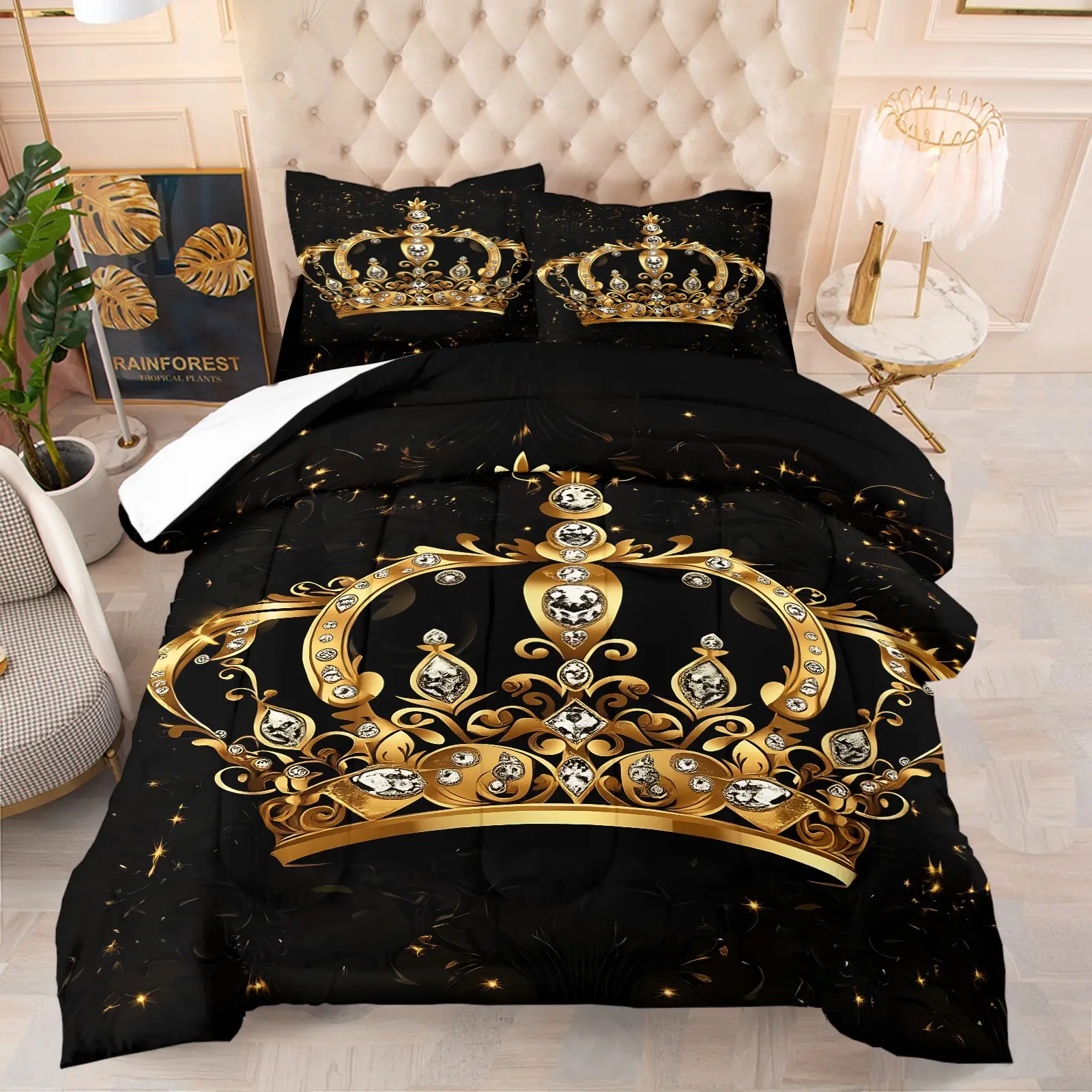 Black Gold Crown Theme Comforter Set Decorative Bedding Set-1 Quilt + 1-2 Coreless Pillowcases-Black Base with Large Rhinestone Crown Pattern Bedding- Comfortable Soft Warm-Dark Light Luxury Vintage Court Style Bedroom Decor