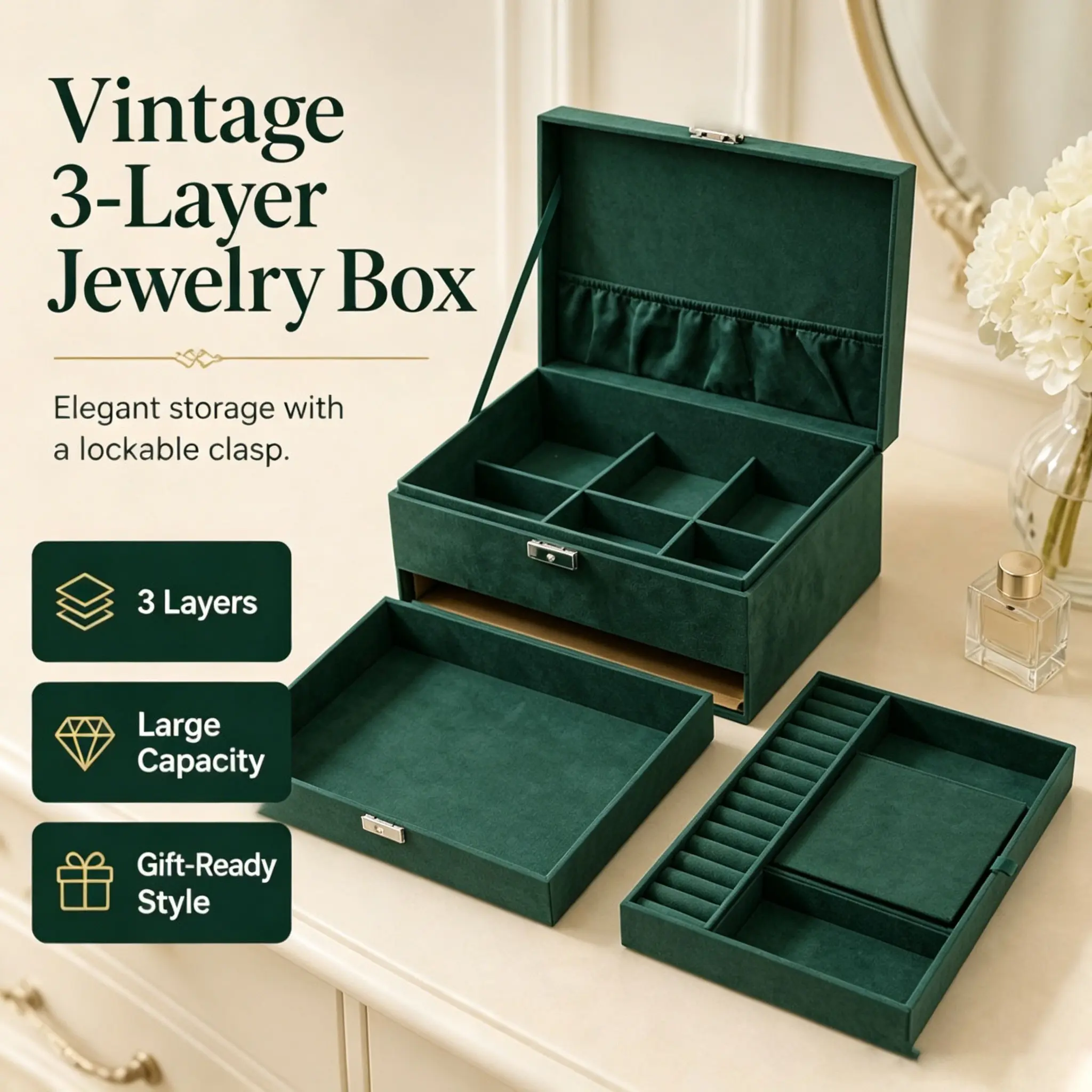 Large Jewellery Organiser with Drawer, 3-Layer Velvet Jewellery Boxes, Storage Case with Lock, Ideal for Rings and Necklaces
