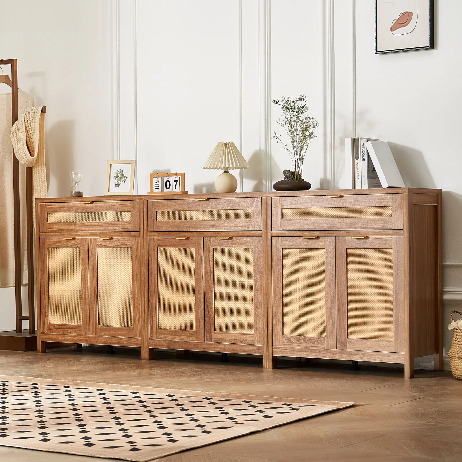 VEVOR Rattan Cabinet, Set of 3, Rattan Storage Cabinet with 6 Magnetic Doors and 3 Drawers, Sideboard Buffet Cabinet with Adjustable Shelves, for Hallway, Entryway, Living Room, or Kitchen, Natural