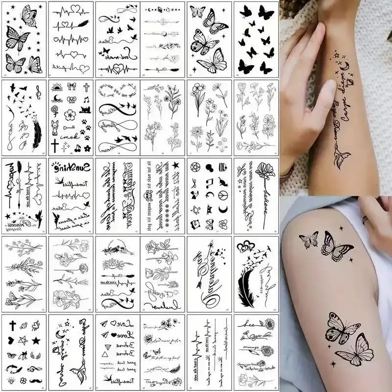 30 PCS Waterproof Black Butterfly Flower Temporary Tattoos for Women, Realistic Long Lasting Small Personalized Fake Tattoo Stickers