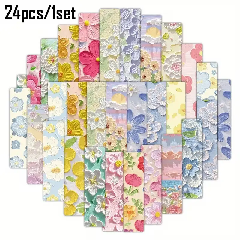 24pcs Oil Painting Style Floral Bookmark Set, Multicolor Flower Element Bookmarks, Artistic Gift Bookmarks, Morandi Color Texture Patterns