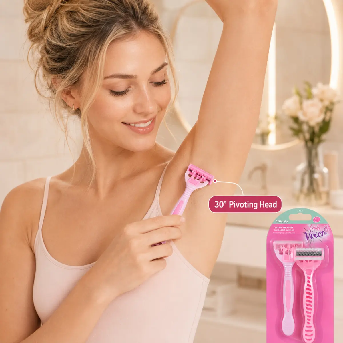 Women 6 Layer Stainless Steel Disposable Razors 2 Pack, 30 °   Floating Pivoting Head with Aloe Gel Strip, Ergonomic Non-Slip Handle Shaver for Leg Underarm Bikini Body Hair Removal