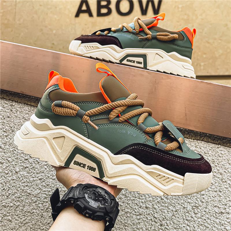 Low-top round toe lace-up casual men's shoes with color-blocking design, available in green and black. Versatile and comfortable running shoes suitable for all seasons, ideal for daily wear, sports and hiking.