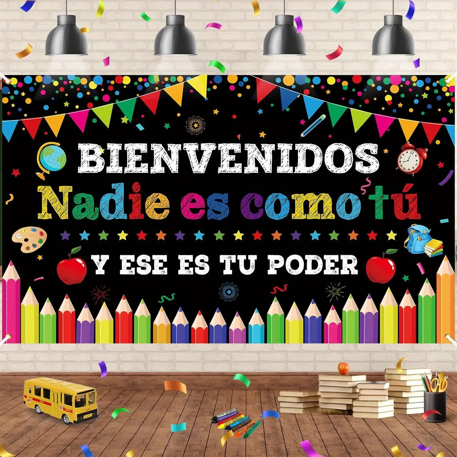 Spanish Welcome School Tapestry – Motivational Black Banner Design with Spanish Text Theme. Ideal for Classroom Walls, Notice Boards, Home Decor, and Educational Spaces.