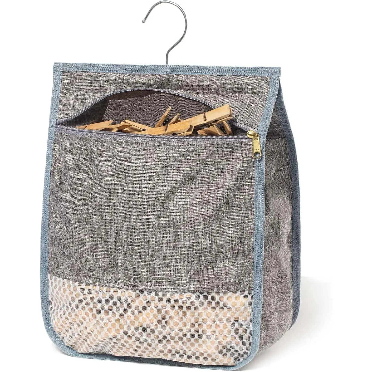 Laundry Clothespin Bag for Clothesline Outdoor, Clothes pin Bag with Zipper Closure, Large Opening, Large-Capacity Clothespin Storage Organizer with Hooks, Use YKK Zipper（Grey）