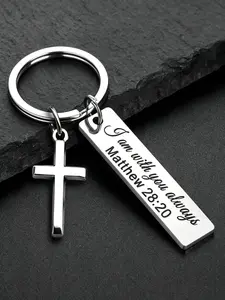 Cross keychain engraved with Matthew 28:20, religious jewelry accessory, key charms, durable stainless steel key ring, perfect Christian faith gift, unisex