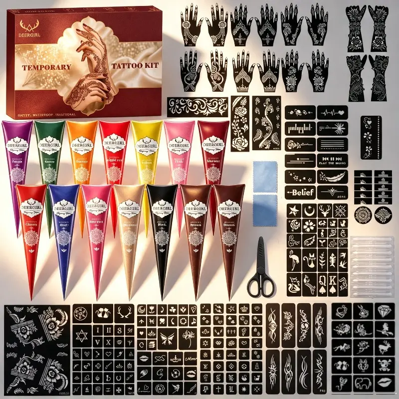 Temporary Tattoo Set, Multi‑color Natural Henna Cones for Skin with Over 200 Reusable Henna Stencils, Women's DIY Hand & Body Art Tattoo Kit, Professional Nail & Tattoo Supplies for Festivals, Weddings and Parties