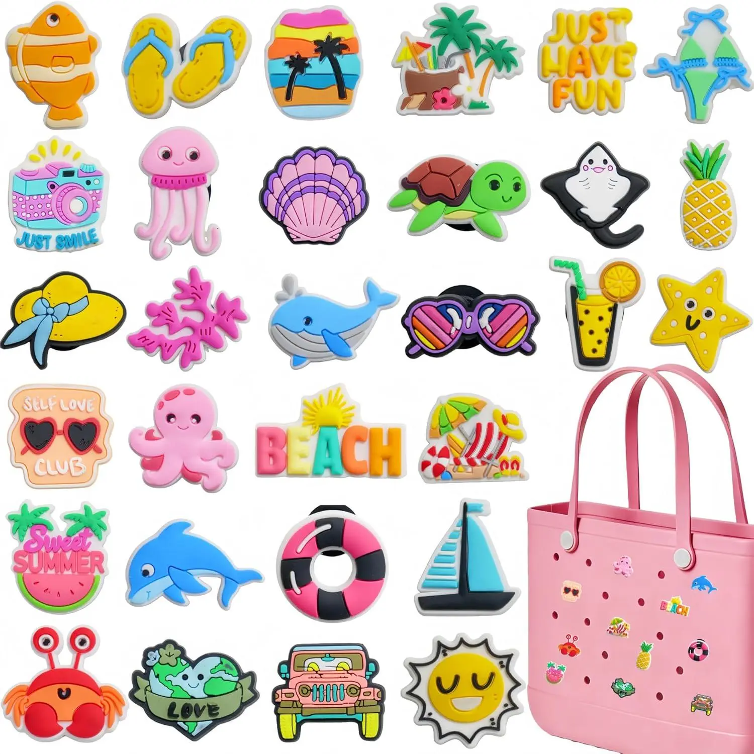 Summer Charms for Bogg Bag, 30pcs Summer Beach Bag Accessories Decoration Bag Charms for Bogg Bag Rubber Tote Beach Bags