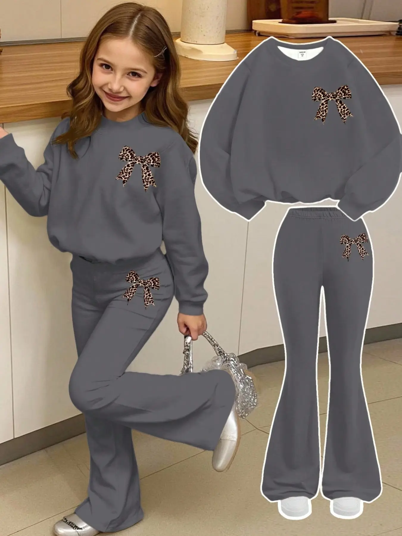 Girls' Leopard Print Bow Set, Sweet Cool Unique Double Bow Decoration, Solid Color Elastic Pants, Casual Loose-Fit Suit for Fall & Winter
