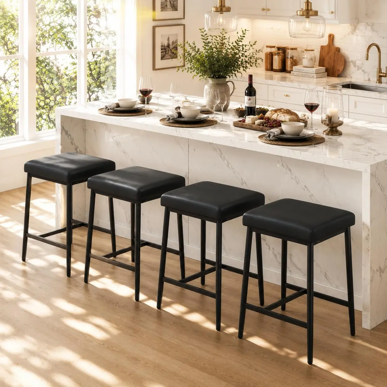 26" Counter Height Backless Bar Stools Set of 4 – Square Upholstered Seat, Metal Frame, Footrest, Industrial Style
