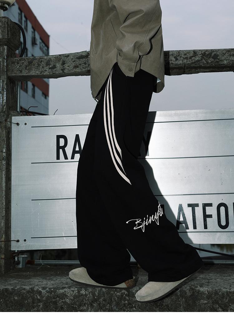 YYK Brand: Men's American Retro Casual Pants - 3-Stripe Design with 3D Waistband Trim; Spring/Autumn Straight-Leg, Loose-Fit Athletic Sweatpants