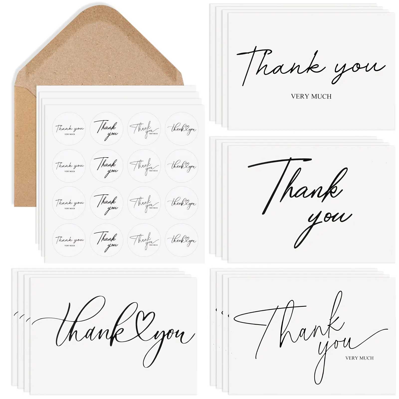 52 Pack White Thank You Cards Bulk with Envelopes, 3.5x5 Inch Blank Note Cards Set with Matching Stickers, Minimalist Design for Wedding, Bridal Shower, Graduation, Business, Personal Use
