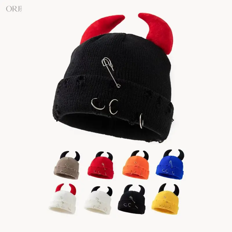 Autumn Winter Knit Beanie With Devil Ear Pins, Distressed Ripped Skullcap, Fashion Landlord Cap, Y2K Streetwear Brimless Hat, Unisex Trendy Headwear For Men Women Daily Outfit Cosplay Street Photoshoot