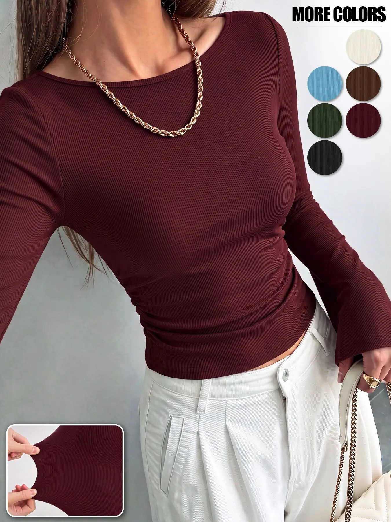 Women's Autumn and Winter Boat Neck Flared-Sleeve Ruched Tee, Ribbed Short-Length Long-Sleeve Knit Base Layer Top, Knitwear, Comfortable, Soft and Breathable, Suitable for Outdoor Activities, Commuting and Casual Wear
