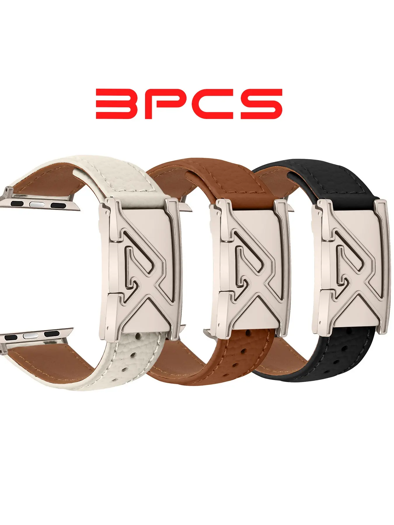 3 Pcs Fashionable Leather Watch Strap, Litchi-Pattern Texture, Silver Color Letter-Engraved Clasp, Elegant Accessory for All Seasons, Watch Accessories