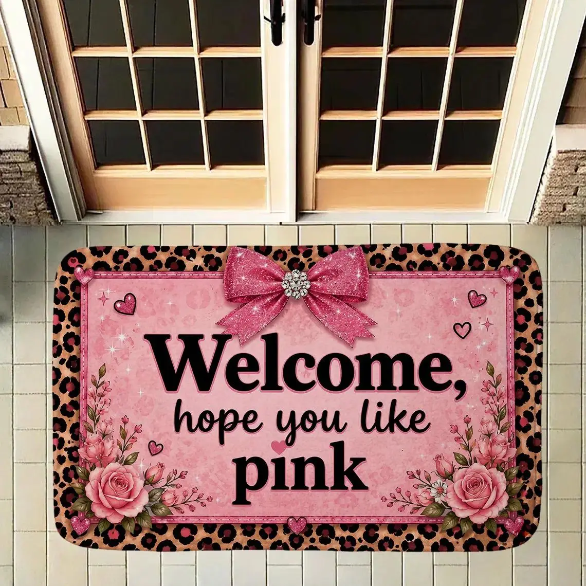 "Welcome Hope You Like Pink" Leopard Print Border Flannel Soft Plush Area Rug, Non-slip Indoor Floor Mat. Cute Coquette Pink Bow Rose Washable Entryway Door Mat Carpet for Girls Bedroom Living Room., Girly House Accessories, Coquette Girl, Indoor Use