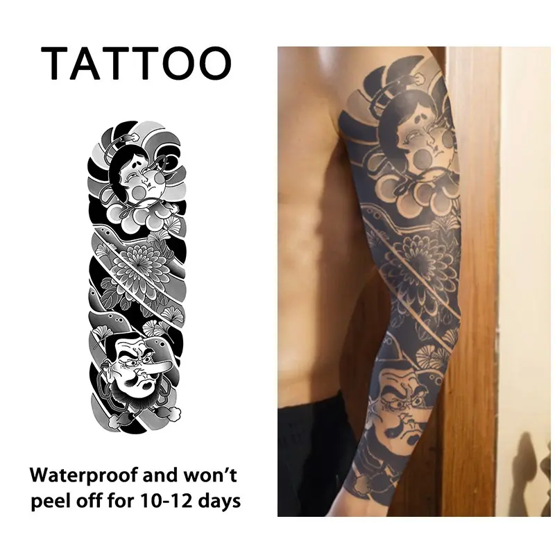 Japanese Geisha Mask Cloud Pattern Temporary Tattoo Patch, Waterproof, Long-Lasting, Herbal, Semi-Permanent, Unisex, Arm, Leg, Chest, Back
