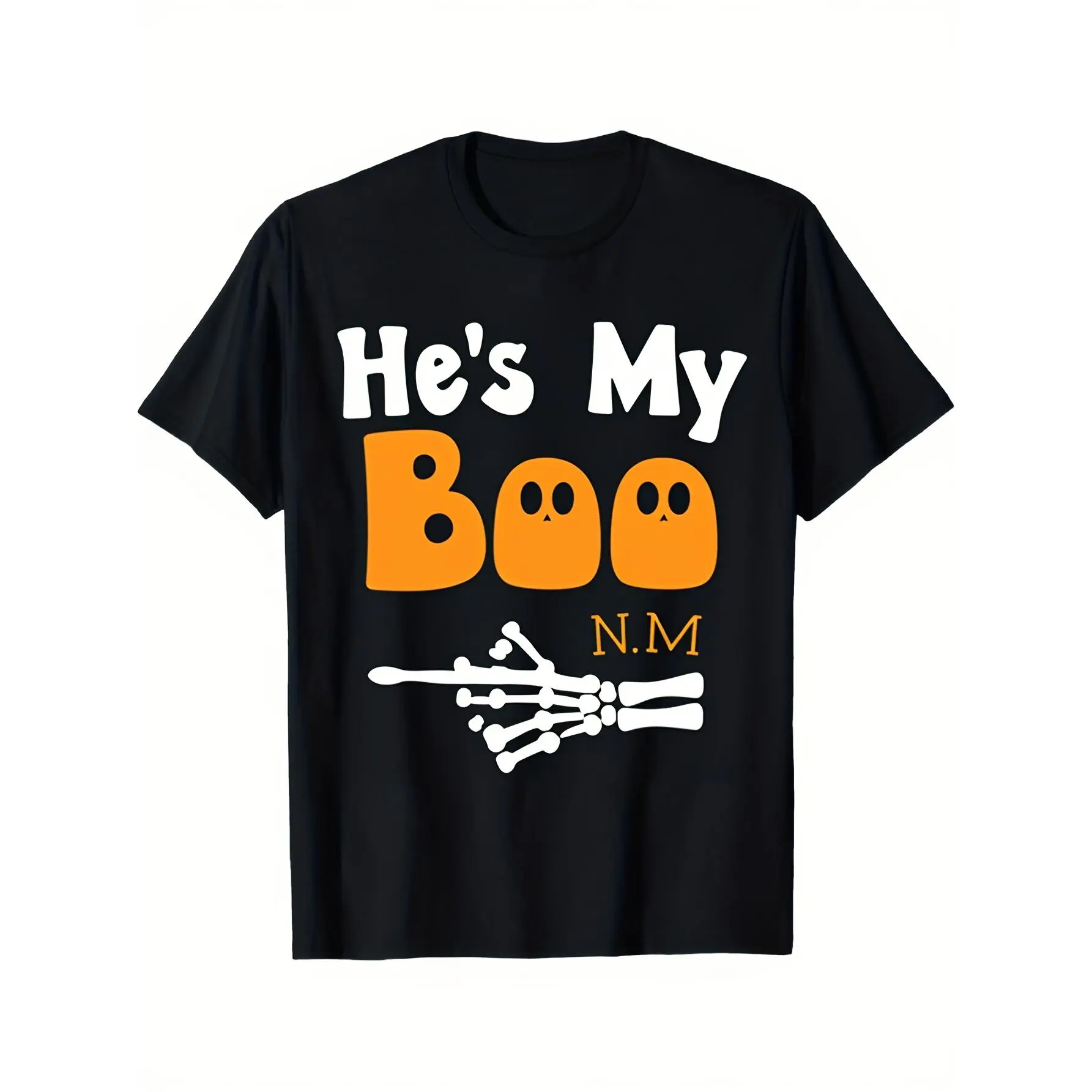 Matching Couples His & Hers Halloween T-Shirts - He's My Boo & NM Initials with Bats & Ghostly Hands Print - Soft Breathable Unisex Tees for Couples Costumes, Spooky Date Nights - Sizes S-XXXL (Men & Women) - Machine Washable Gift
